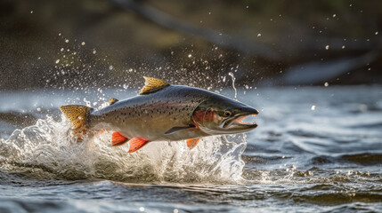 Fototapeta na wymiar Illustration of spawning salmon in a beautiful river. Generative AI. 