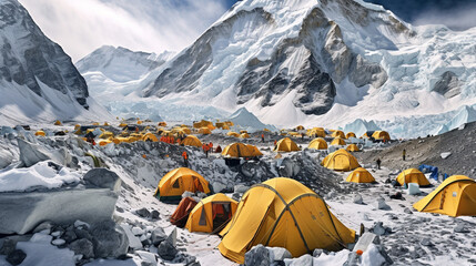 Illustration of colorful tents at Everest Basecamp. Generative ai.  - obrazy, fototapety, plakaty