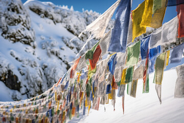Tibetan prayer flags high up in the Himalaya mountains. Generative AI. 