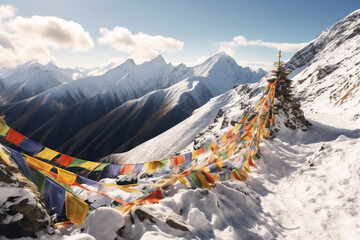 Tibetan prayer flags high up in the Himalaya mountains. Generative AI.  - obrazy, fototapety, plakaty