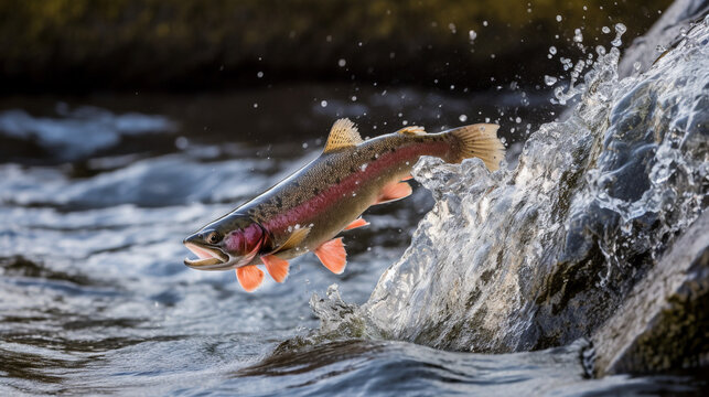 Illustration of spawning salmon in a beautiful river. Generative AI. 