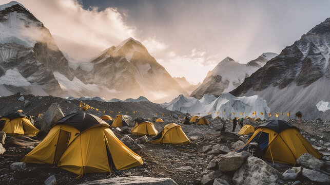 Illustration of colorful tents at Everest Basecamp. Generative ai. 