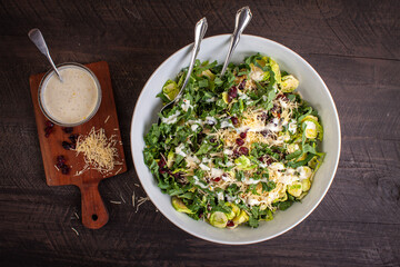 Kale and Shaved Brussels Sprouts Salad topped with dried cranberries, grated fresh parmesan cheese, walnuts, and a lemon greek yogurt dressing overhead shot