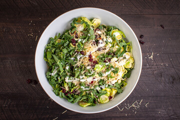 Kale and Shaved Brussels Sprouts Salad topped with dried cranberries, grated fresh parmesan cheese, walnuts, and a lemon greek yogurt dressing