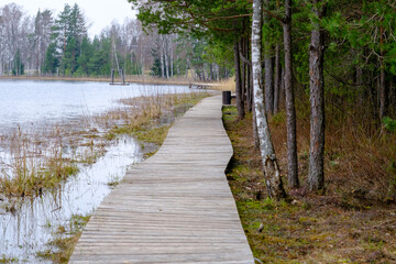 Wooden path along the shore of the lake, plank deck, modern landscape design, recreation area by the water