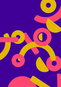 A vibrant poster featuring a purple and yellow color palette with abstract shapes.