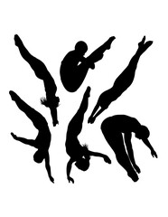 Male and female athlete acrobat jumping, swimming, snorkeling and diving sport action silhouette
