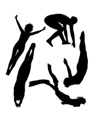 Male and female acrobat jumping, swimming, snorkeling and diving sport action silhouette