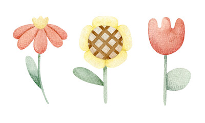 A set of cute red and yellow flowers. Simple watercolor children's illustration. Highlighted on a white background. For baby shower, textiles, baby decor, packaging, wrapping paper