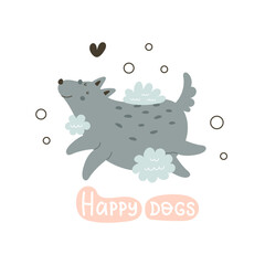 happy dogs. Cartoon dog, hand drawing lettering. flat style, colorful vector for kids. Grooming. baby design for cards, poster decoration, t-shirt print