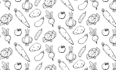 Food background, vegetables seamless pattern. Healthy eating - tomato, garlic, carrot, pepper, broccoli, cucumber line icons. Vegetarian, farm grocery store vector illustration