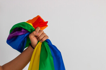 A clenched fist held high holding a BLM gay pride flag