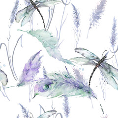 Watercolor lavender flower, grass   seamless pattern in vintage hand drawn style. Elegant floral background illustration. Watercolor drawing of a feather, dragonfly. Moth, dragonfly, paint splash