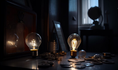 Two lit light bulbs in the dim room. Lamps on the wooden table among the multiple details. Generative AI.