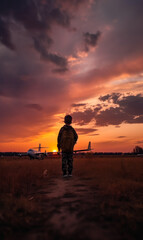 Rear view of a boy with backpack looking at landed plane in the field. Kid watching the aircraft at sundown. Generative AI.