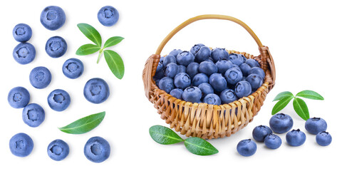 fresh ripe blueberry with leaf isolated on white background with copy space for your text. Top view. Flat lay pattern