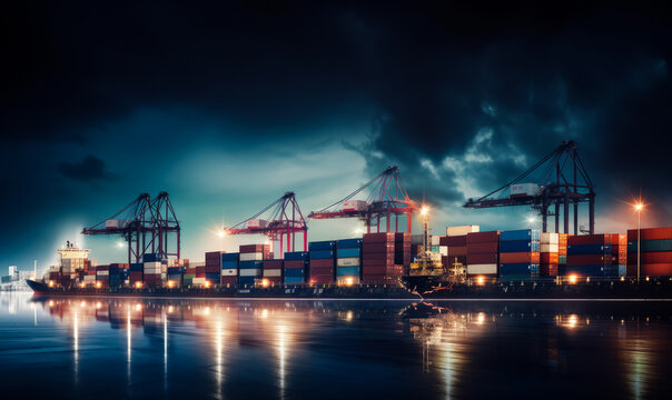 High piles of containers in the port among the powerful freighting cranes at night. International trade concept. Generative AI.