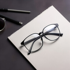 Fototapeta premium Eyeglasses left on the white piece of paper. Office workplace from top view. Generative AI.
