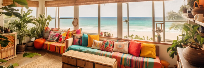 A bohemian and tropical living room with natural furniture and colorful cushions, a beach with wide windows to enjoy the view, generative ai