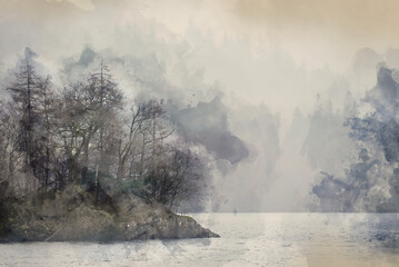 Digital watercolour painting of Beautiful calm peaceful Winter landscape over Thirlmere in Lake District with mist and layers visible in the distance