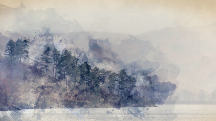 Digital watercolour painting of Beautiful calm peaceful Winter landscape over Thirlmere in Lake District with mist and layers visible in the distance