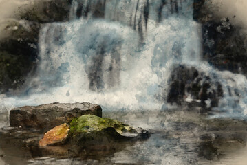 Fototapeta na wymiar Digital watercolour landscape painting of waterfall in Yokrshire Dales in England during Winter