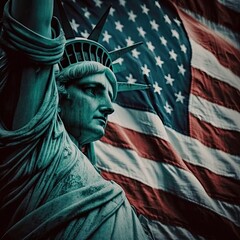 Naklejka premium statue of liberty and flag. generative ai