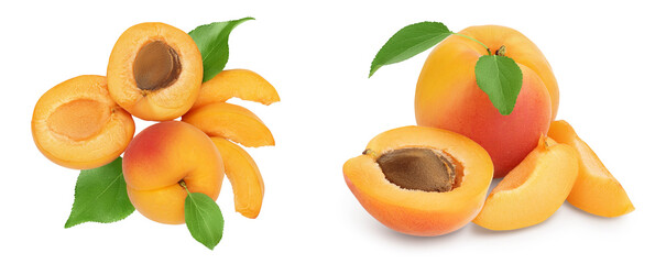apricot fruit with half and slices isolated on white background. Top view. Flat lay