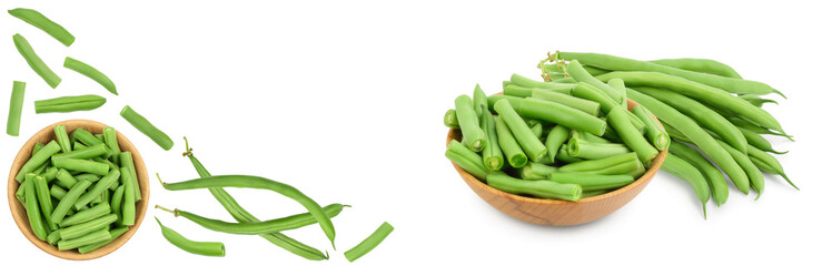 Green beans isolated on a white background , Top view with copy space for your text. Flat lay