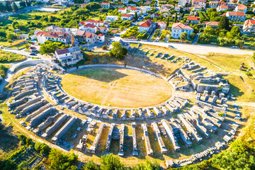 Ancient Salona or Solin roman amphitheater aerial view - obrazy, fototapety, plakaty