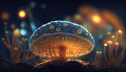 Astrolabe Mushroom Glowing Spores Ancient Magic Bokeh Background AI Generative