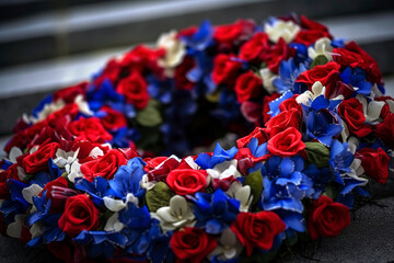 Obraz premium Wreath made of red, white, and blue flowers and ribbons, resting against the base of a solemn war memorial.