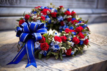 Wreath made of red, white, and blue flowers and ribbons, resting against the base of a solemn war memorial.