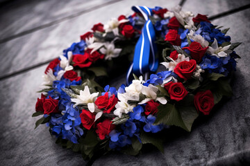 Wreath made of red, white, and blue flowers and ribbons, resting against the base of a solemn war memorial.