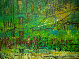 Colorful surface of the painting. Texture of painting. Painting artwork facture. Colorful texture. Abstract background. Oil painting on canvas with green, yellow, brown and blue colors.	