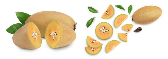 Sapodilla slices isolated on white background with full depth of field. Top view. Flat lay