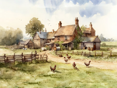  View of an Victorian or Edwardian farmyard and farmhouse in a rural summer scene. AI generated background illustration in a detailed watercolor style