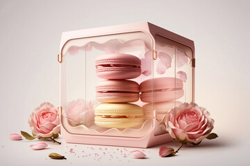Delicate pink macaroons in a romantic package. Generative AI.