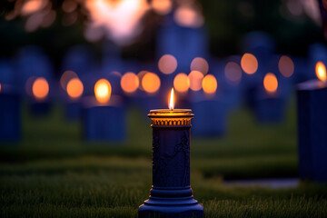 Lit candles, casting a warm and gentle glow upon a row of military gravestones.