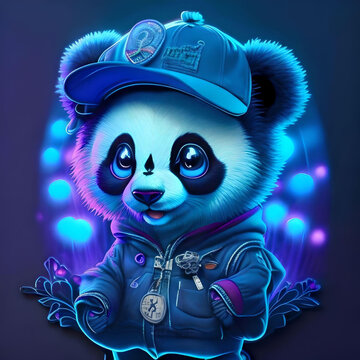 Panda Rapero con Gorra y fondo azul creado con IA Generativa