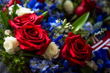 Handcrafted memorial wreath made of vibrant red roses, deep blue delphiniums, and white lilies,...