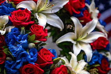 Handcrafted memorial wreath made of vibrant red roses, deep blue delphiniums, and white lilies, adorned with a delicate, flowing ribbon. - obrazy, fototapety, plakaty