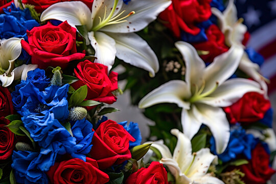 Handcrafted memorial wreath made of vibrant red roses, deep blue delphiniums, and white lilies, adorned with a delicate, flowing ribbon.