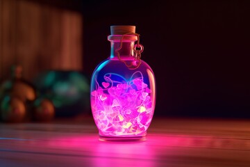 Obraz na płótnie Canvas Colorful Love Potion Bottle on Wooden Table, Neon Lights and Hearts, Generative AI