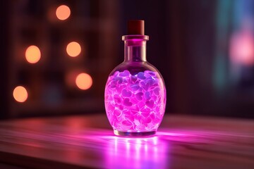 Obraz na płótnie Canvas Colorful Love Potion Bottle on Wooden Table, Neon Lights and Hearts, Generative AI