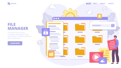 File manager, electronic document storage, document synchronisation, collecting and organisation. Design concept for landing page. Flat vector illustration with characters for website, print, banner
