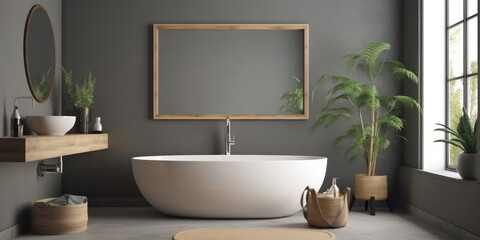 Bathroom interior with grey walls and houseplants. Generative AI.