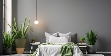 Modern bedroom interior with plants. Space for text. Generative AI.