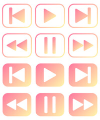 Gradient music player buttons. Media player buttons. Set of icons in a frame and in rounded squares. Vector icons for web