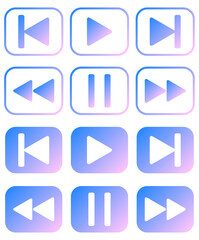 Gradient music player buttons. Media player buttons. Set of icons in a frame and in rounded squares. Vector icons for web